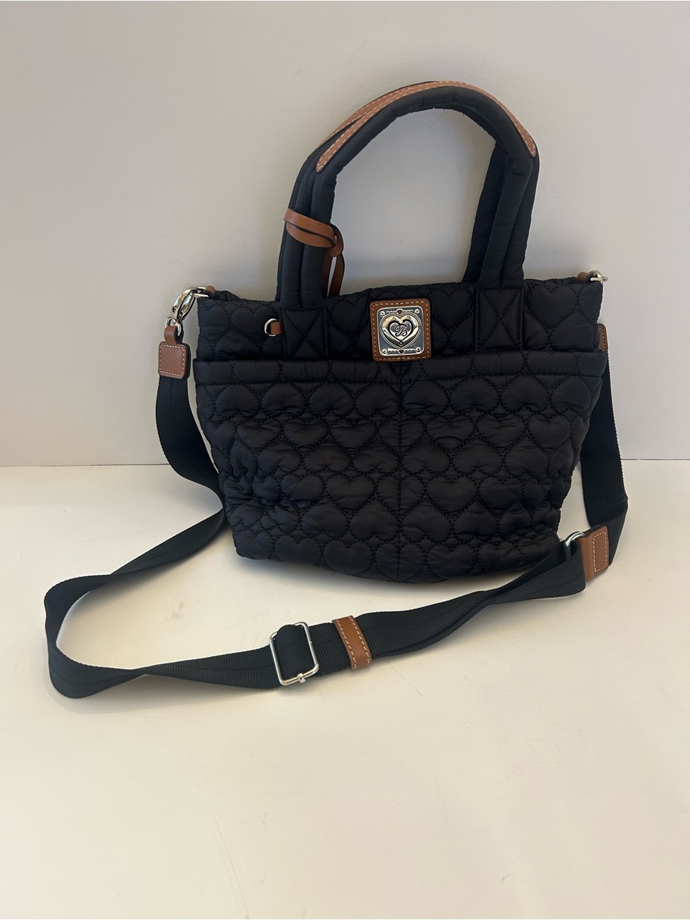 Brighton Black Quilted Tote with Brown Trim and Heart Medallion